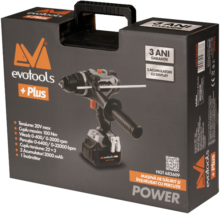 Masina de Gaurit si Insurubat Brushless cu Percutie cu 2 Acumulatori si Incarcator MAX 20V POWER Evotools Plus 3 ANI GARANTIE!!! [2]