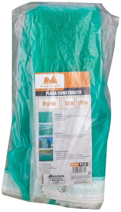 Plasa Constructii - Lungime plasa 5.1 m Latime plasa 1.83 m Greutate/metru patrat 70 g/mp [2]