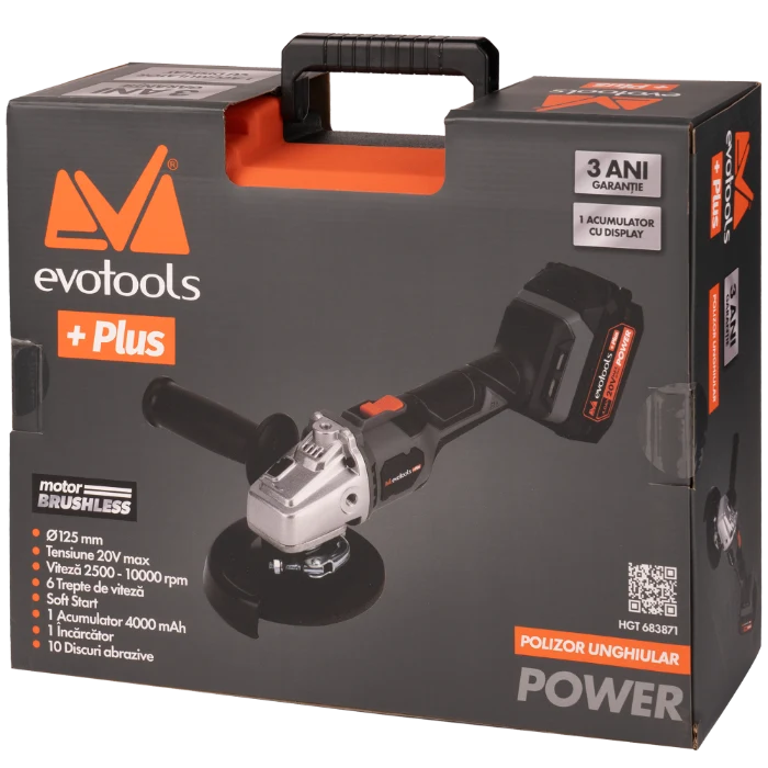 Polizor Unghiular Brushless cu Acumulator 4Ah, Incarcator si 10 Discuri Debitare MAX 20V POWER EvoTools +Plus [8]