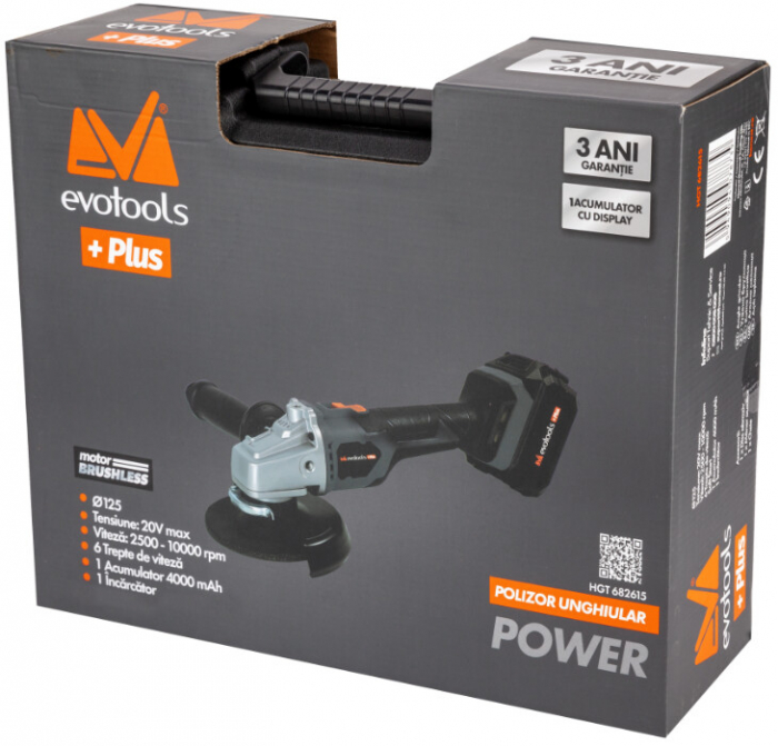 Polizor Unghiular Brushless cu Acumulator si Incarcator MAX 20V POWER Evotools Plus, 3 ANI GARANTIE! [2]