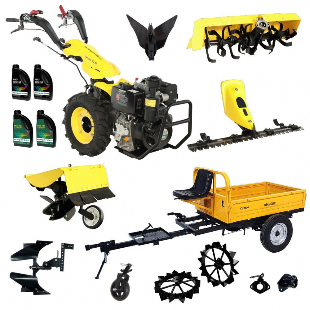 ProGARDEN Pachet Campo U12E Motocultor 12CP + RM500C Remorca 500Kg + BC120M Bara cosire + 3xPlug + FT90 Freza tractata + 2xRoti metalice RM47 + 2xCuple + 4L Ulei [1]