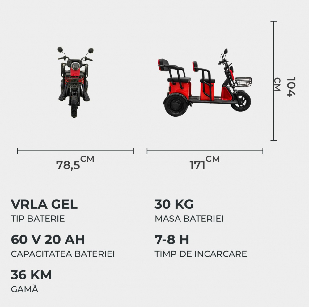 Triciclu electric Voltarom APM5, 60V, 20 AH, 1000W, fara permis, 25km/h, Rosu, autonomie pana la 40km [16]