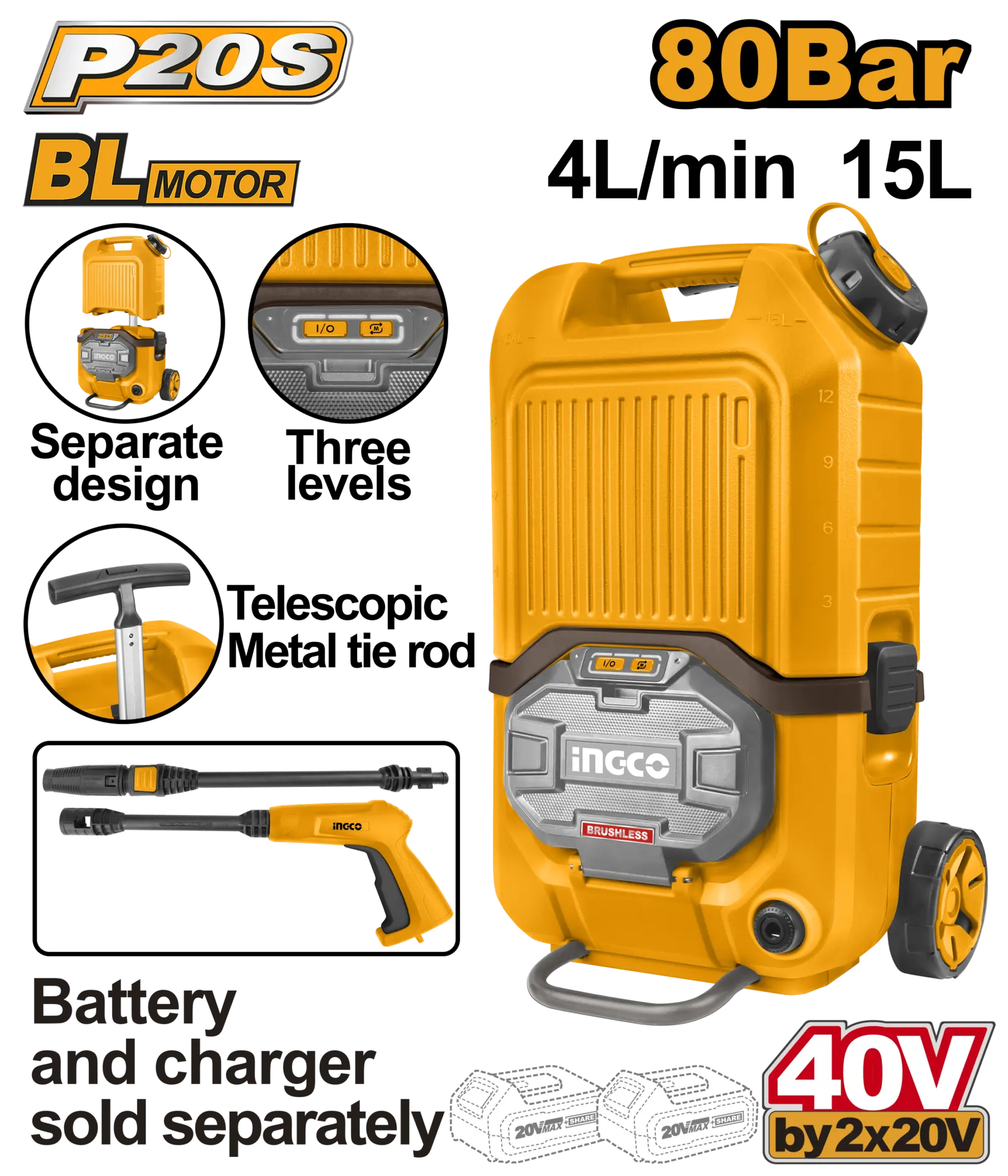Aparate de spalat cu presiune - Aparat de Spalat cu Presiune 40V Rezervor 15L fara Acumulator si Incarcator