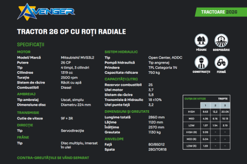 AVENGER - TRACTOR 26CP 4x4, motor diesel, cu roti radiale, sistem hidraulic [1]