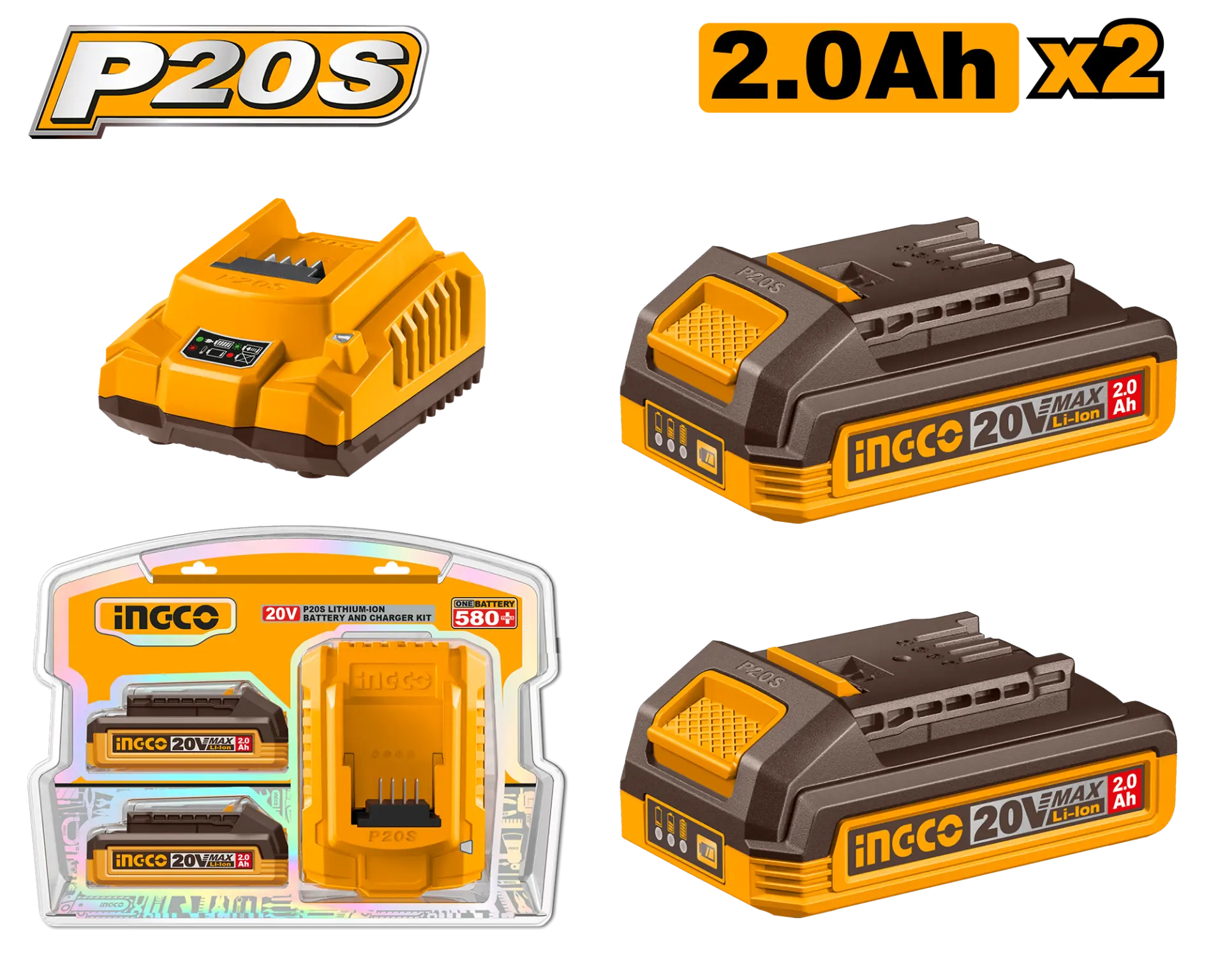 Acumulatori scule electrice - Baterie (Acumulator) 20V 2Ah Set 2 buc cu Incarcator (nou)