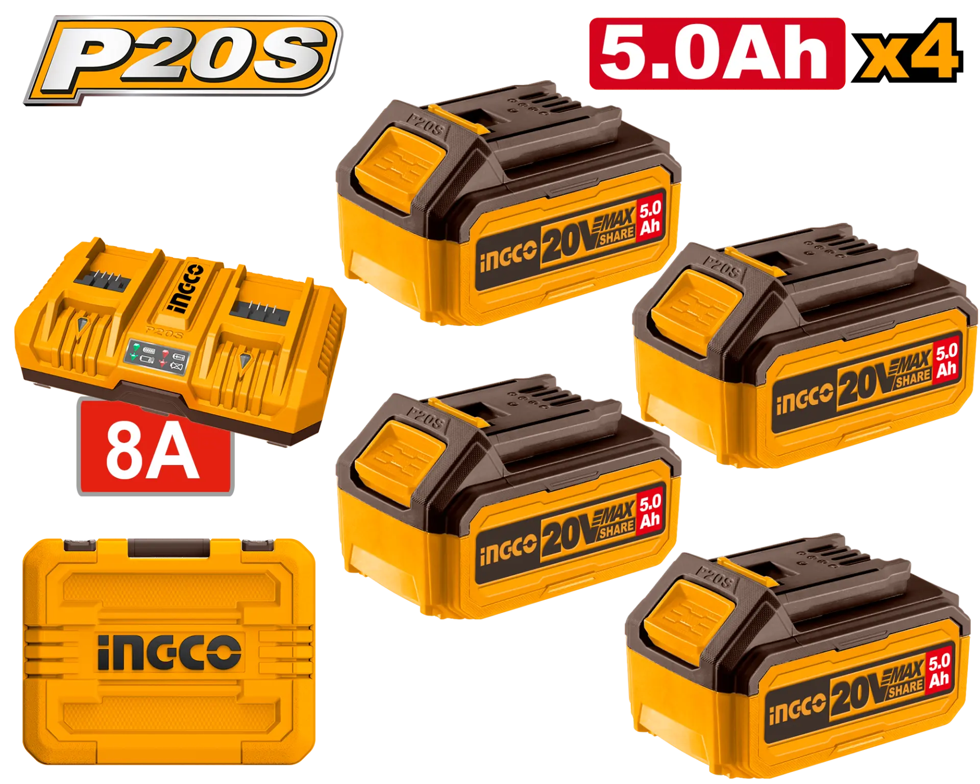 Acumulatori scule electrice - Baterie (Acumulator) 20V 5AH Set 4 buc cu Incarcator Dublu (nou)