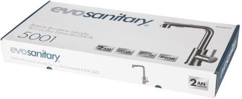 Baterie Bucatarie Lebada Tip L cu Dus Extractibil INOX 5001 - Lungime baterie 190 mm Inaltime levier 300 mm Inaltime utila 260 mm [1]