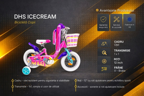 Bicicleta Copii DHS Icecream - 12 Inch, Roz [4]
