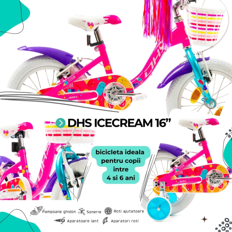 Bicicleta Copii DHS Icecream - 16 Inch, Roz [3]