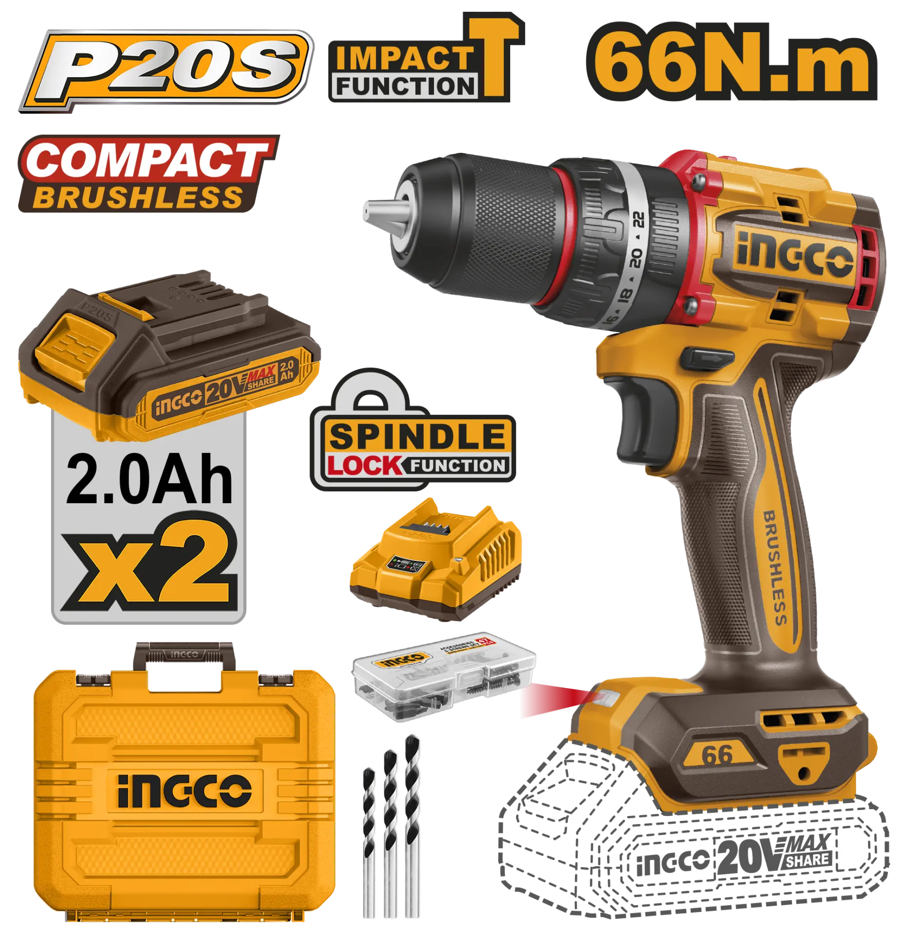 Scule electrice - Bormasina 20V cu Impact 66Nm cu 2 Acumulatori