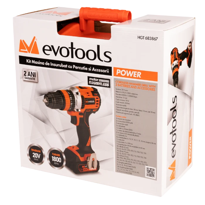 Kit Masina de Insurubat cu Percutie Brushless cu 2 Acumulatori si Accesorii Max 20V POWER Evotools [6]