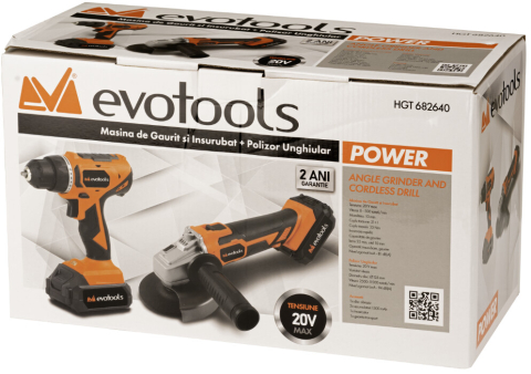 Kit Promo Masina de Gaurit si Insurubat si Polizor Unghiular cu 2 Acumulatori si Incarcator MAX 20V POWER Evotools [1]