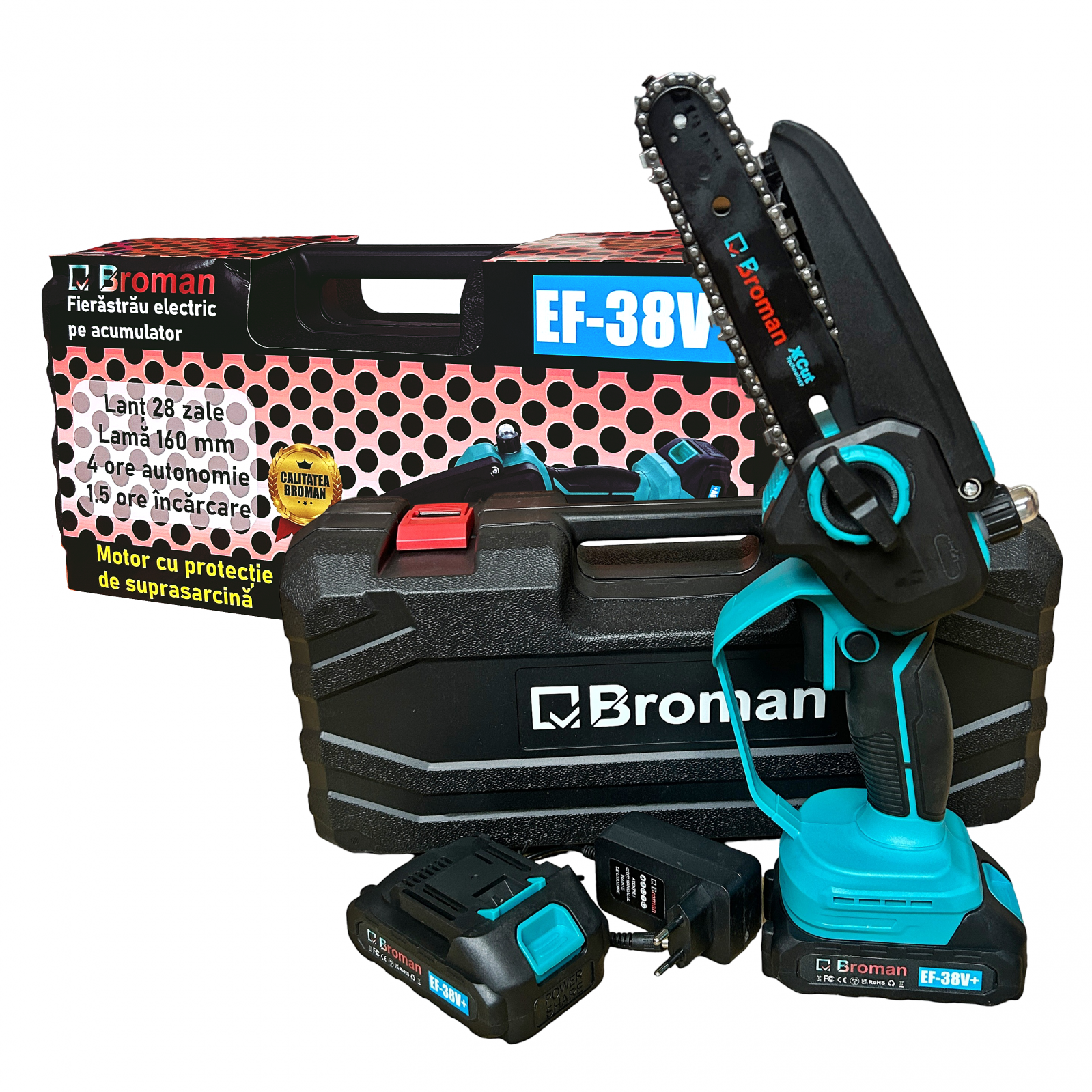 Drujbe electrice - Mini-fierastrau electric Broman 2 acumulatori, 38 V, sistem ungere lant, lama 16 cm, rezervor ulei