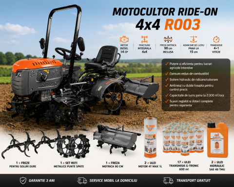 Motocultor Ride-On (Minitractor) 4x4 14HP Diesel Pornire Electrica Tirant Hidraulic si Freza Motrica, Freze lucru, roti metalice si ulei inclus, 3 ani garantie [2]