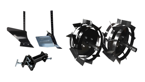 Gradina & gospodarie - Pachet Accesorii Basic Motosapa/Motocultor (Plug, Adaptor Cuplare Accesorii, Rarita Reglabila, Roti Metalice 4.00 cu Manicoti)