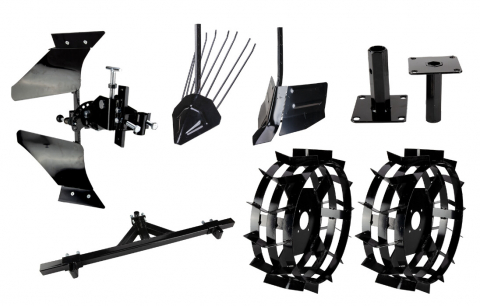 Pluguri motocultoare si motosape - Pachet Accesorii Expert (Plug Reversibil, Adaptor Dublu Reglabil, 2 x Rarita, 2 x Plug Scos Cartofi, Roti Metalice 5.00 cu Manicoti)