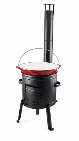 Camping - Pachet Ceaun Fontă Emailată Master Gustav 21,5 L + Sobă pe Lemne Ø39 cm + Horn