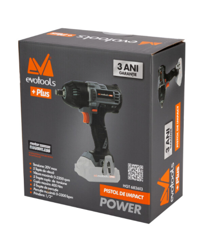 Pistoale de impact electrice - Pistol de Impact Brushless 1/2 fara Acumulator si Incarcator MAX 20V POWER EvoTools +Plus