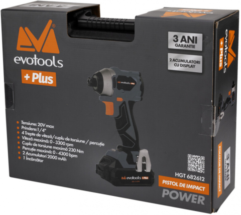Pistol de Impact cu Prindere Hexagonala 1/4 Brushless cu 2 Acumulatori si Incarcator MAX 20V POWER Evotools PLUS, 3 ANI GARANTIE [1]