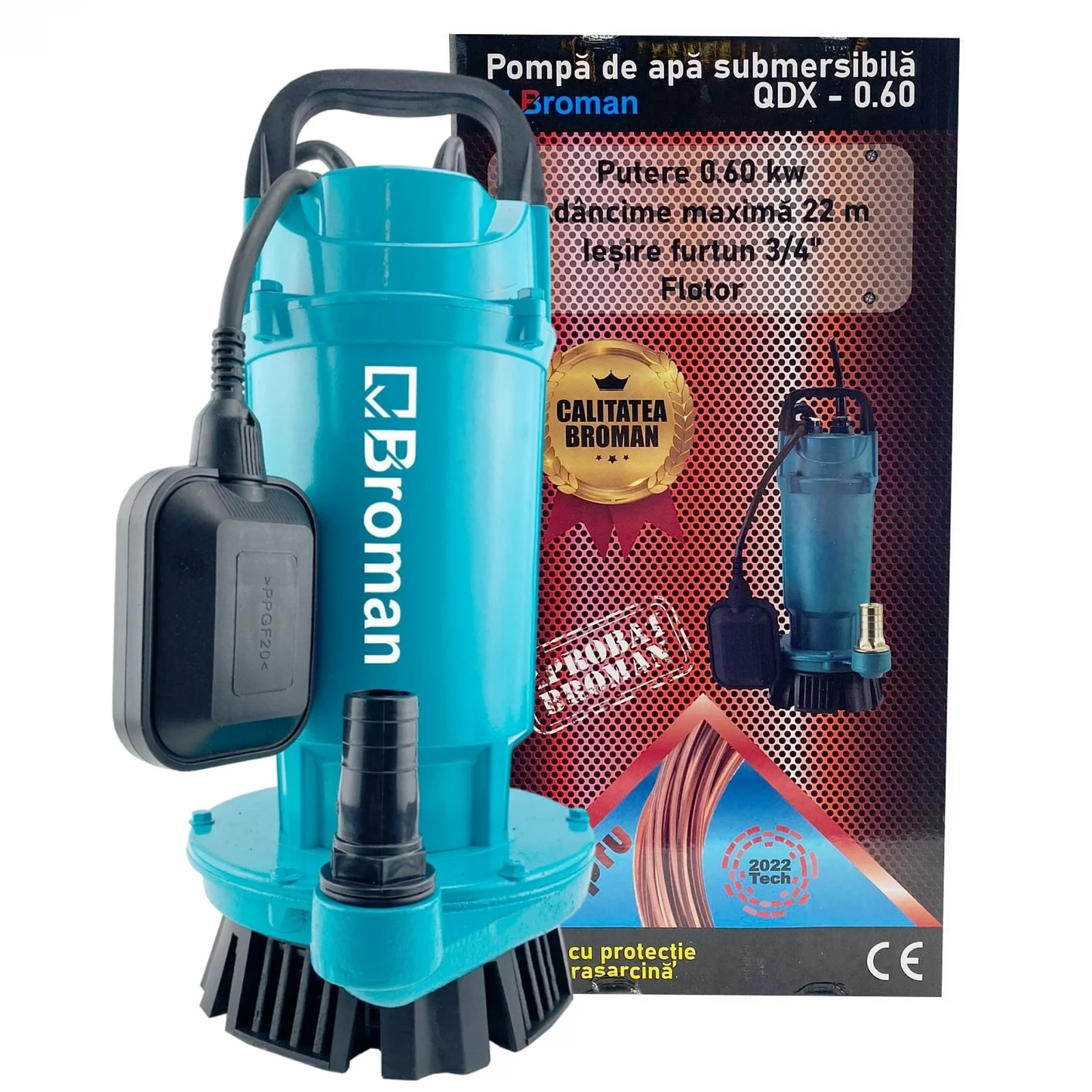 Pompe submersibile apa murdara - Pompa submersibila Broman QDX60-22-0.6, 600 W, refulare 22 m, 30 m³/h, racord 3/4"