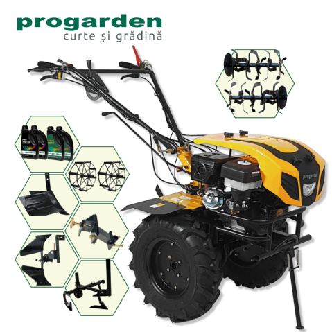 Motocultoare - ProGARDEN Pachet Campo 1844 Motocultor 18CP + Plug bilonat + Plug reversibil + Prasitoare + Adaptor + 2 roti metalice 540x170 + 4L Ulei