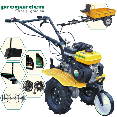 Motocultoare - ProGARDEN Pachet Campo 703 Motocultor 7CP + Remorca RM500C + Plug simplu + Plug bilonat/rarita + 2 Roti metalice 350x6 + 2L Ulei