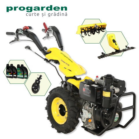Motocultoare - ProGARDEN Pachet Campo U12E Motocultor 12CP + BC120M Bara cosire 120cm + Roata sustinere + FT90 Freza tractata 90cm + 4L Ulei