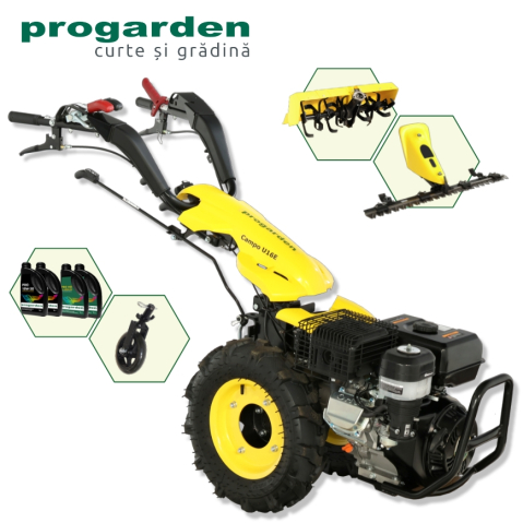 Motocultoare - ProGARDEN Pachet Campo U16E Motocultor 14CP + Bara cosire BC120M + Roata sustinere + Freza tractata FT90 + 4L Ulei