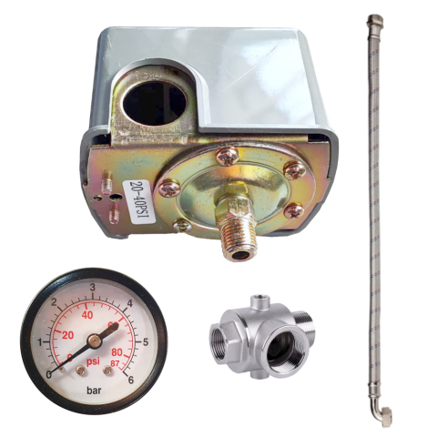 Gradina & gospodarie - Progarden Set accesorii hidrofor, presostat mecanic ¼", manometru 0-12bar, racord 5 cai, racord flexibil
