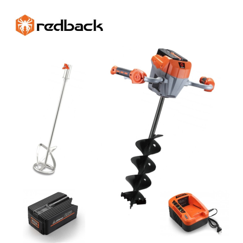 Motoburghie & motosfredele - Redback Pachet E808T+E805C+E806C+EP60+EC50 Cap motor antrenare, paleta 120mm, burghiu 150mm, acumulator 40V/6Ah, incarcator 40V/5A