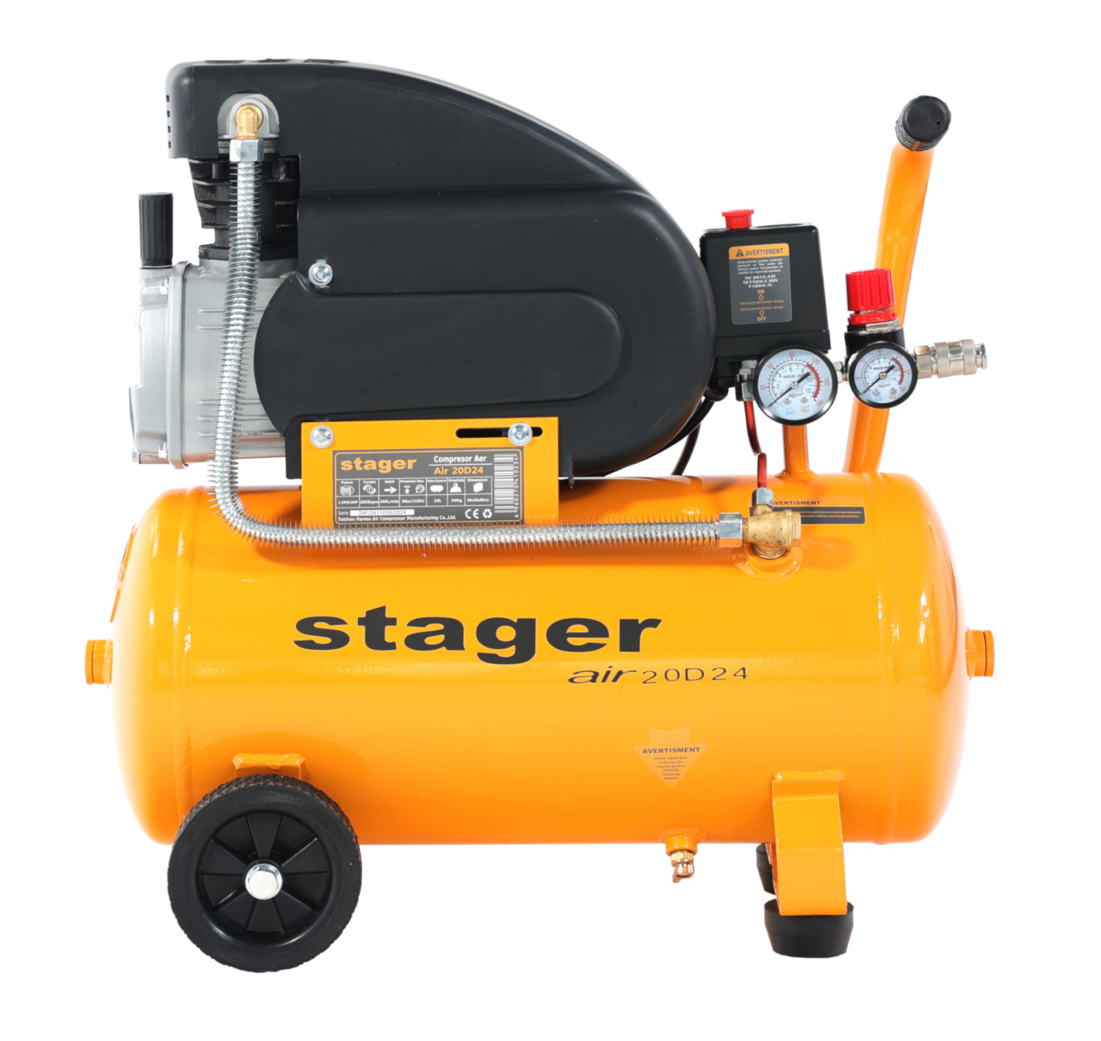 compresor aer auto Stager Air 20D24 compresor aer, 24L, 8bar, 200L min, monofazat, angrenare directa
