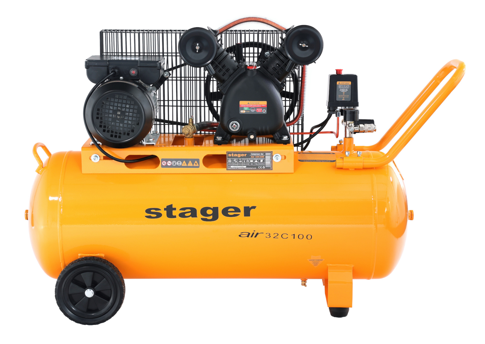 bloc masura monofazat Stager Air 32C100 compresor aer, 100L, 10bar, 324L min, monofazat, angrenare curea