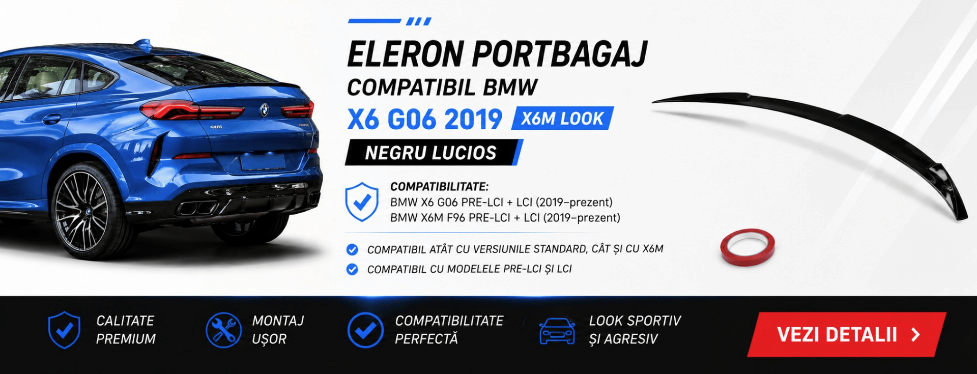 Eleron Portbagaj Compatibil BMW X6 G06 2019 X6M Look Negru Lucios