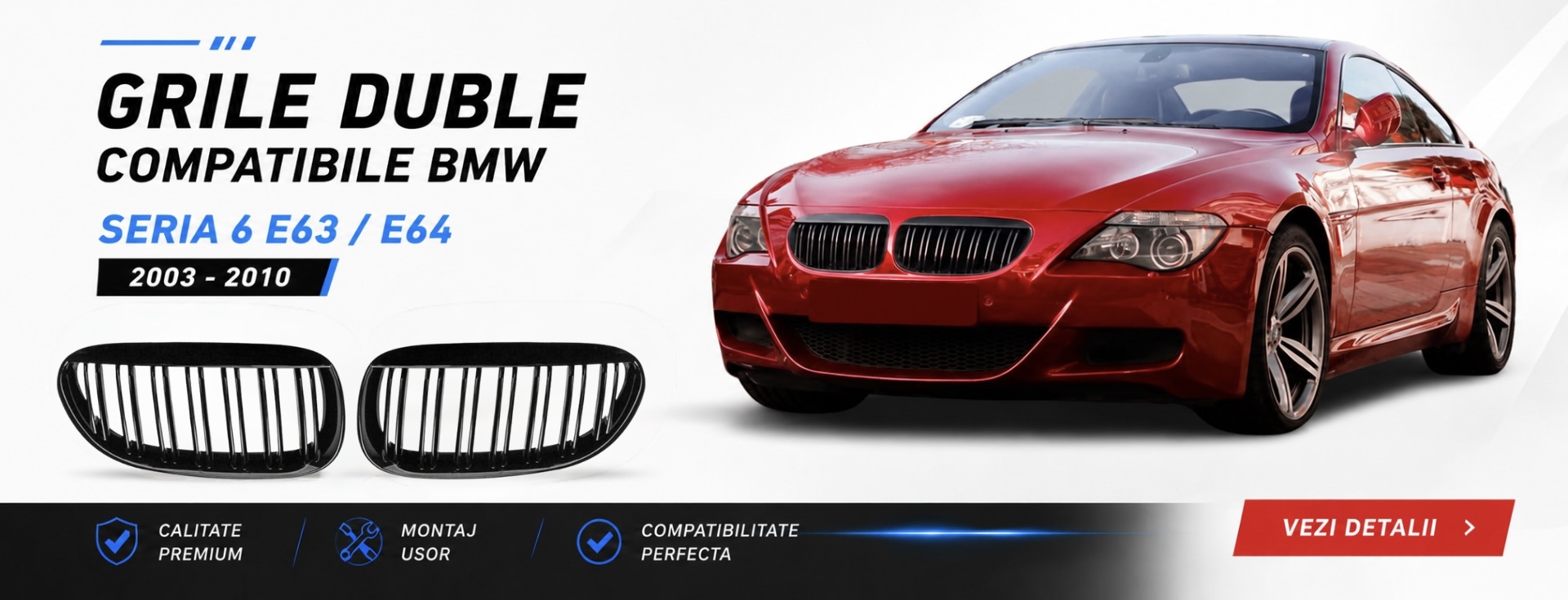 Grile Duble Compatibile BMW Seria 6 E63 E64, Negru Lucios