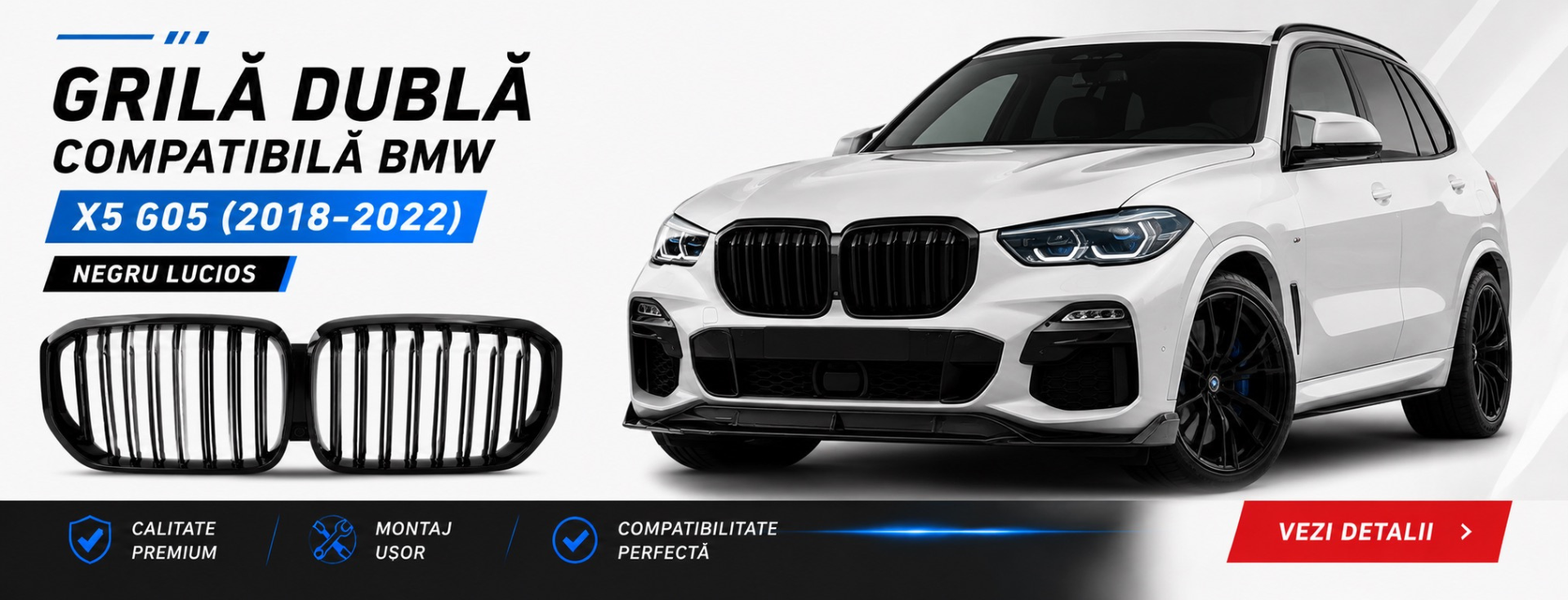 Grilă Dublă Compatibilă BMW X5 G05 (2018–2022) – Negru Lucios
