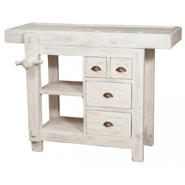 Banc de tamplar,  L116*63*H90 cm, 4 sertare, alb antic, lemn masiv [2]