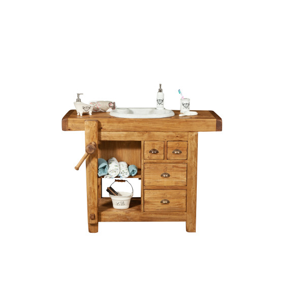Mobilier de baie, L116*63*H90 cm,  4 sertare, natur,  lemn masiv, chiuveta din marmura [1]