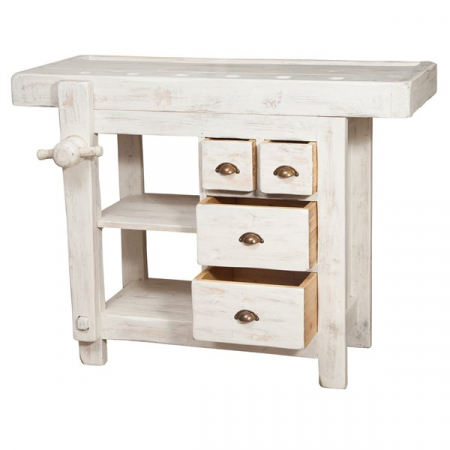 Banc de tamplar,  L116*63*H90 cm, 4 sertare, alb antic, lemn masiv [2]