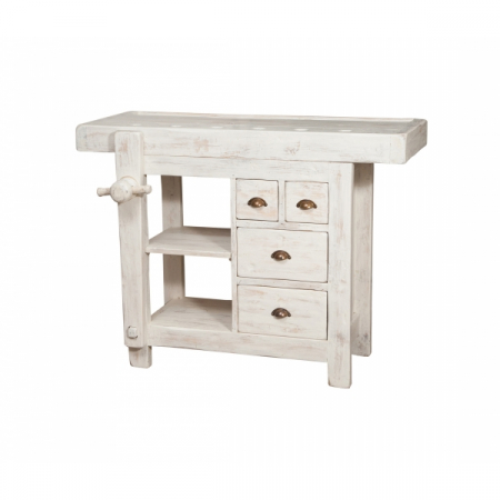 Mobila Rustica - Banc de tamplar,  L116*63*H90 cm, 4 sertare, alb antic, lemn masiv