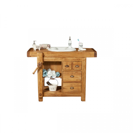 Mobila Rustica - Mobilier de baie, L116*63*H90 cm,  4 sertare, natur,  lemn masiv, chiuveta din marmura