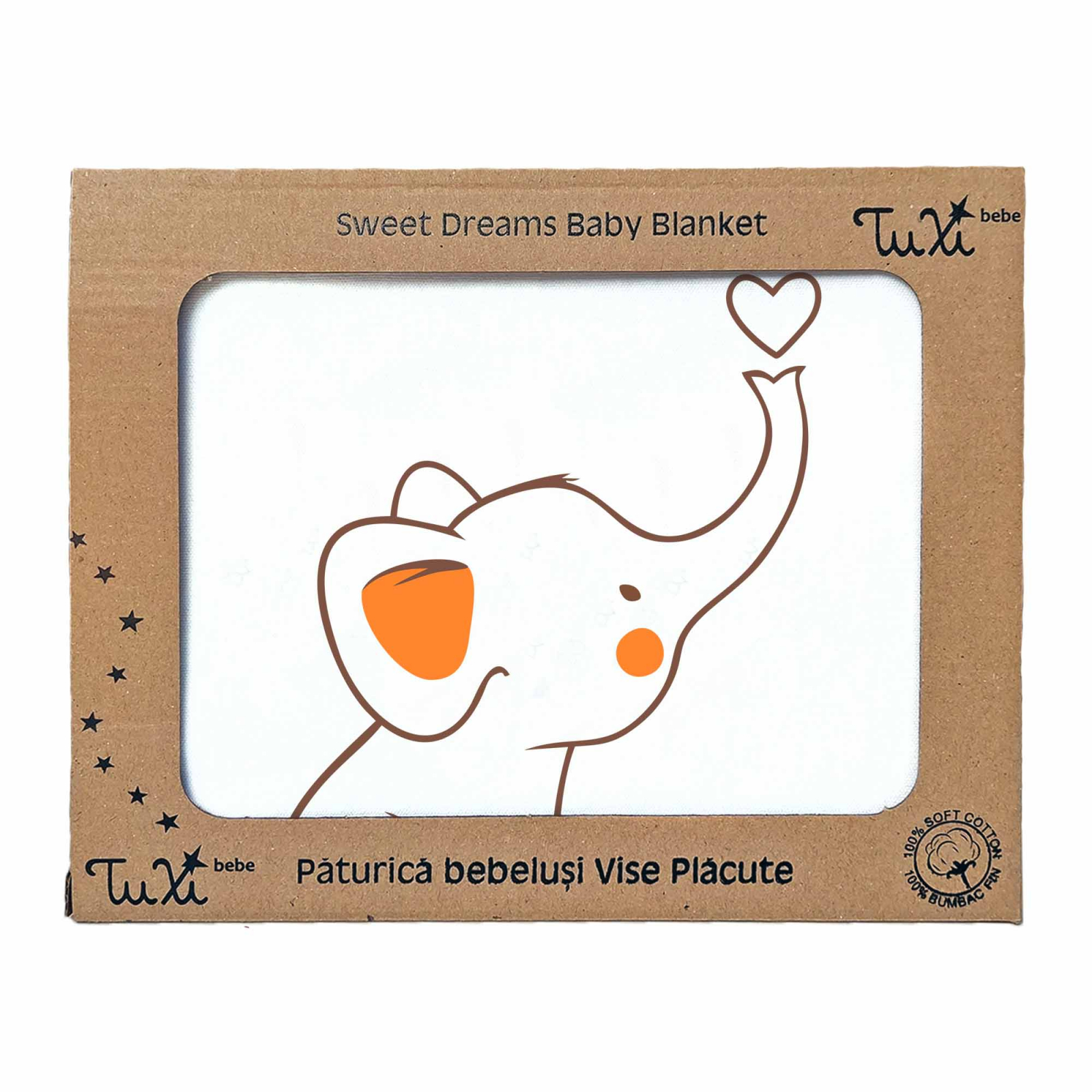 Paturica pentru bebelusi Vise Placute, din bumbac, Tuxi Bebe, elefantel, portocaliu