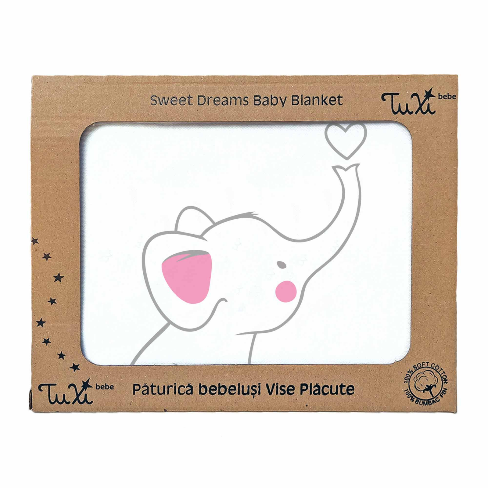 Paturica pentru bebelusi Vise Placute, din bumbac, Tuxi Bebe, elefantel, roz