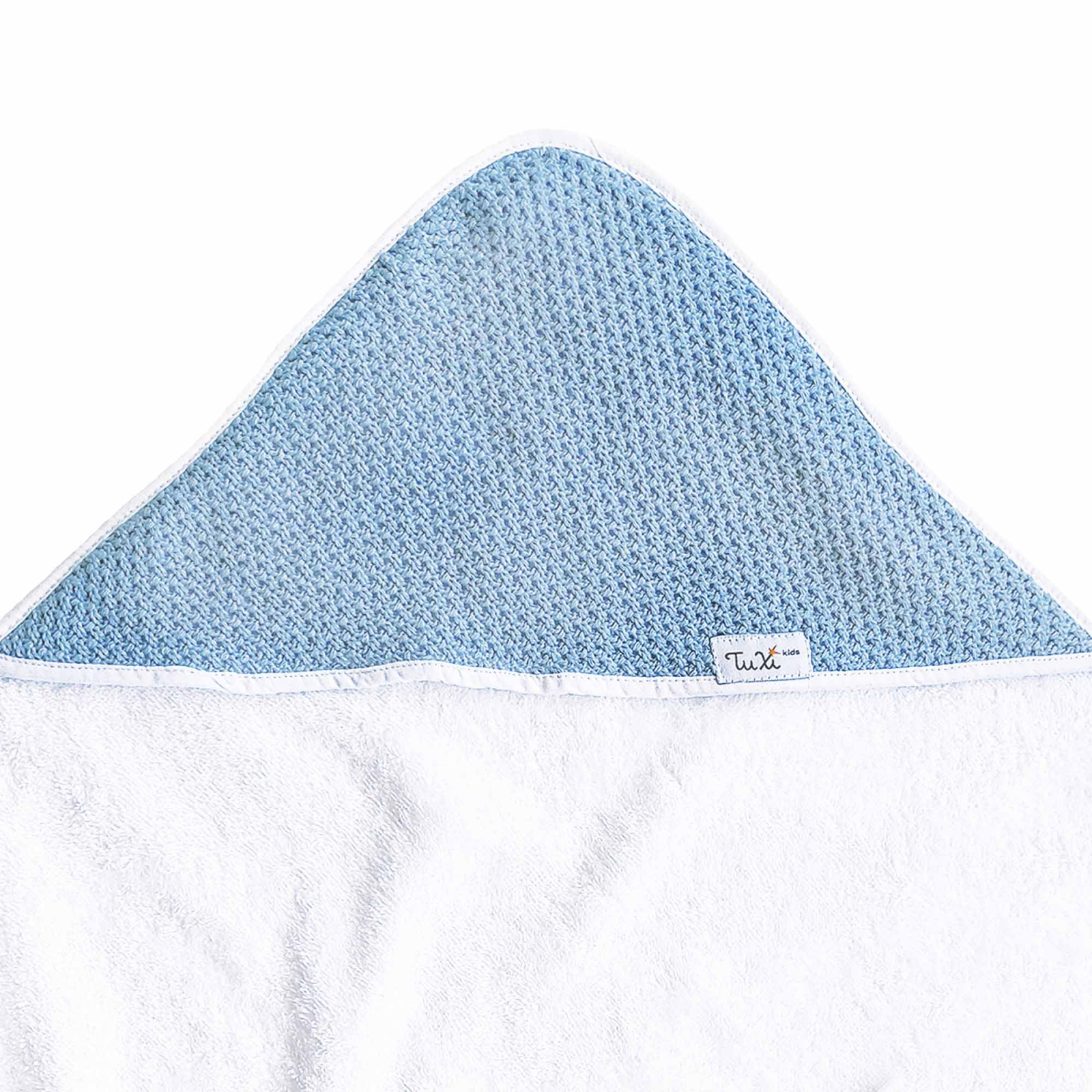 Prosop pentru bebe, cu gluga dublata cu model tricotat moss, Tuxi Bebe, din bumbac de calitate, 80x80 cm, cielo, 0-2 ani
