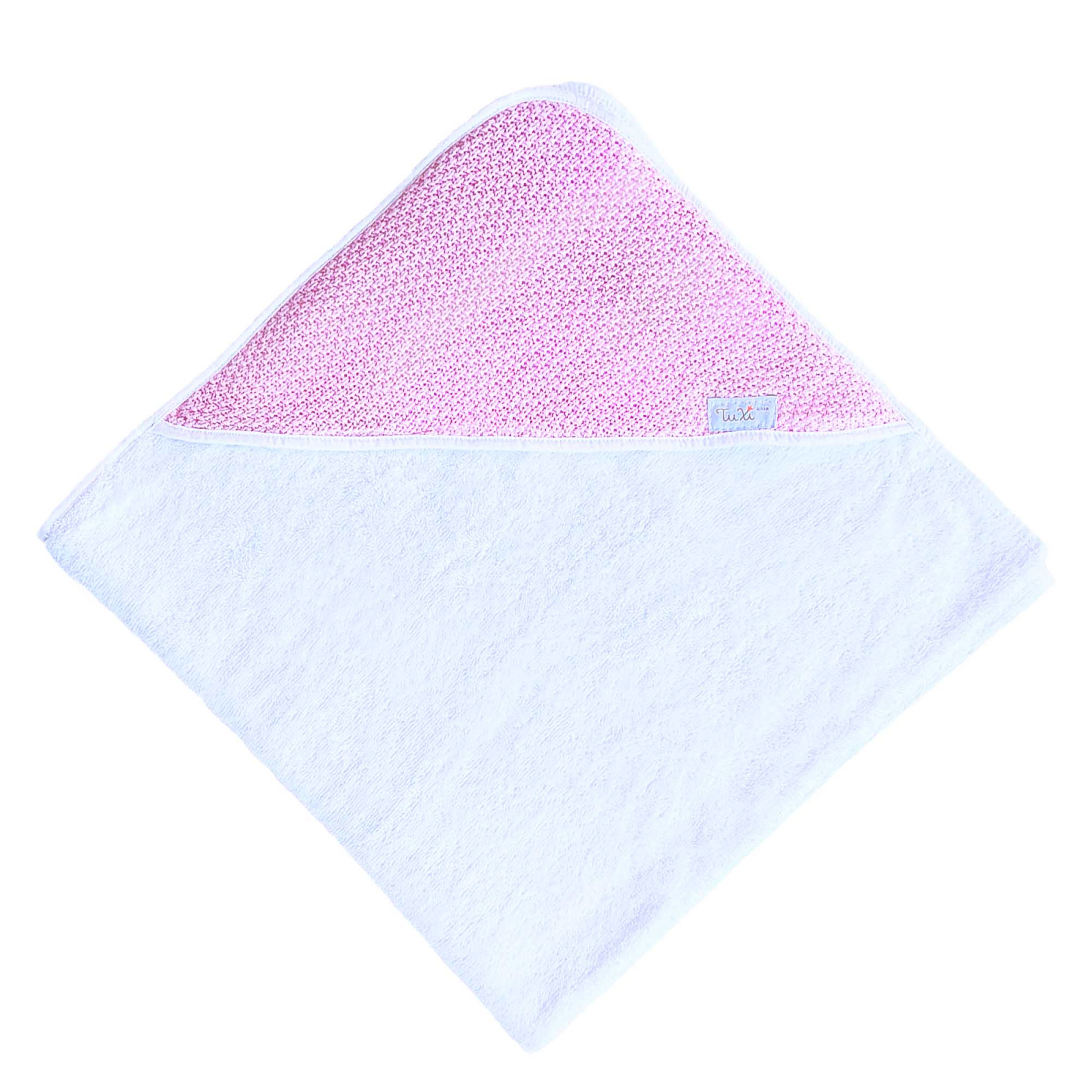 Prosop pentru bebe, cu gluga dublata cu model tricotat moss, Tuxi Bebe, din bumbac de calitate, 80x80 cm, rosa, 0-2 ani