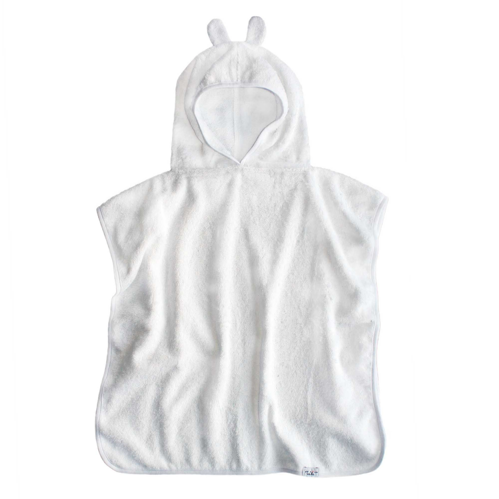 Prosop plaja copii tip poncho, cu gluga si urechiuse, Tuxi Bebe, 100% bumbac absorbant, 2-6 ani, alb