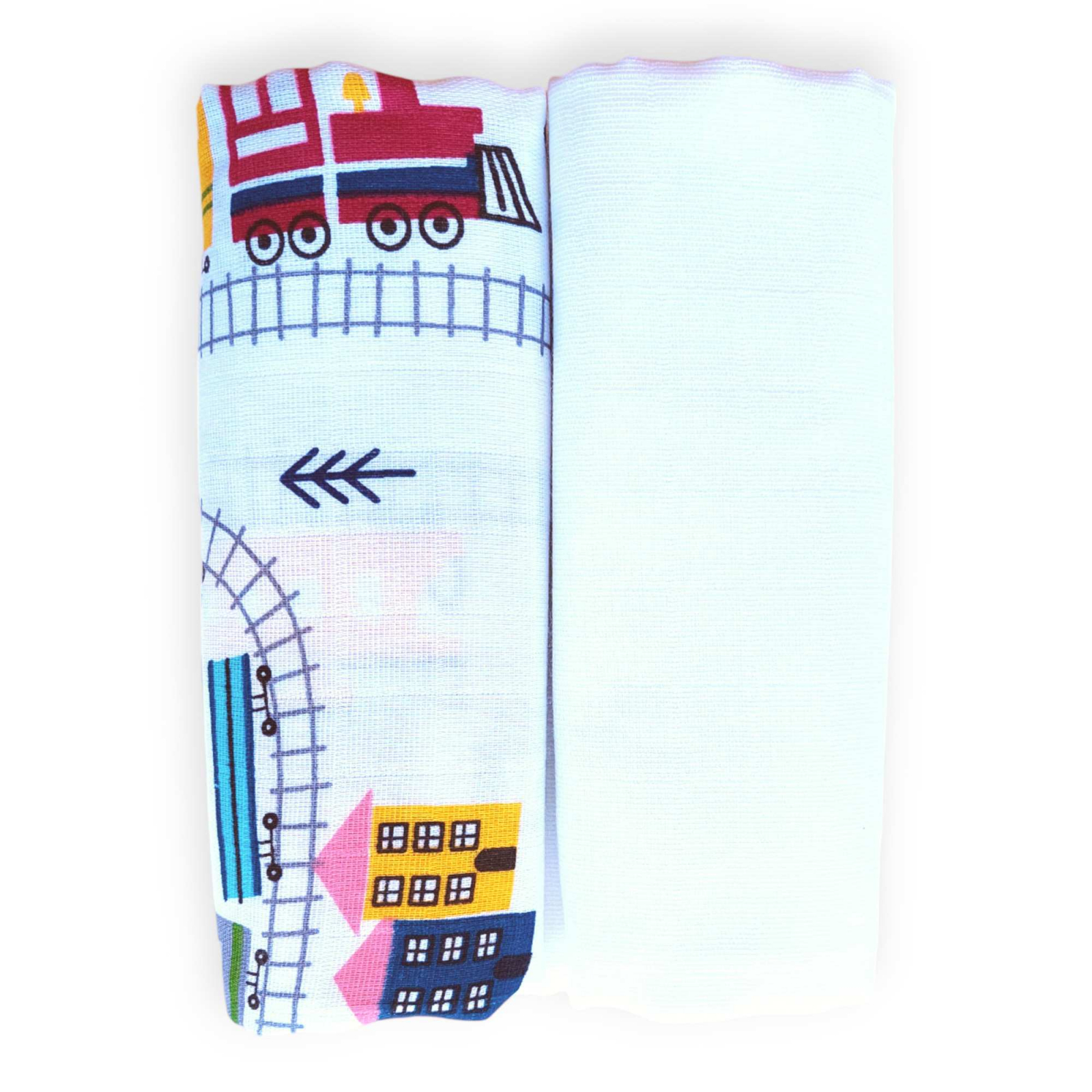 Set 2 paturici bebe, muselina, 100% bumbac, 75x75 cm, pentru baieti, trenulet