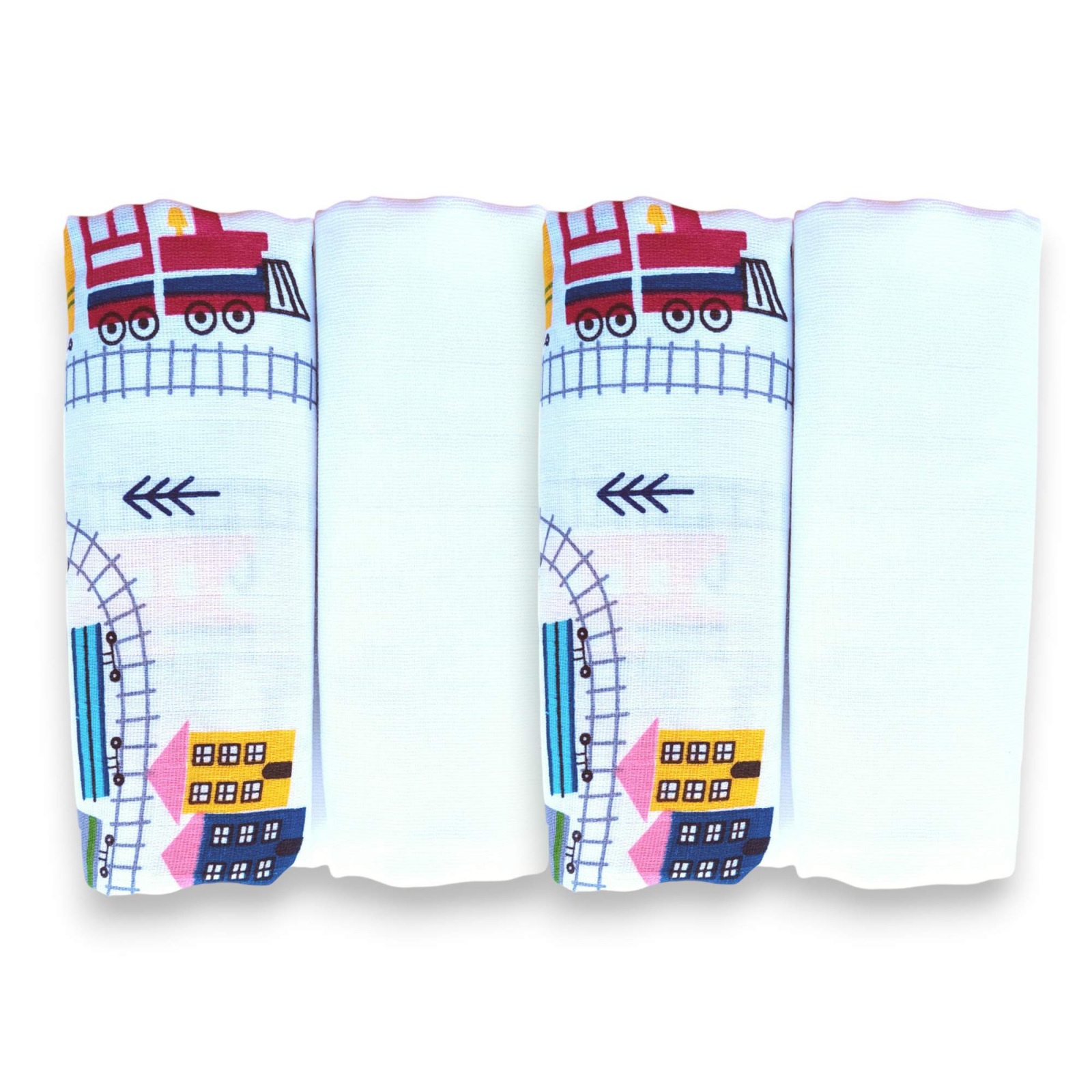 Set 4 paturici bebe, muselina, 100% bumbac, 75x75 cm, pentru baieti, trenulet