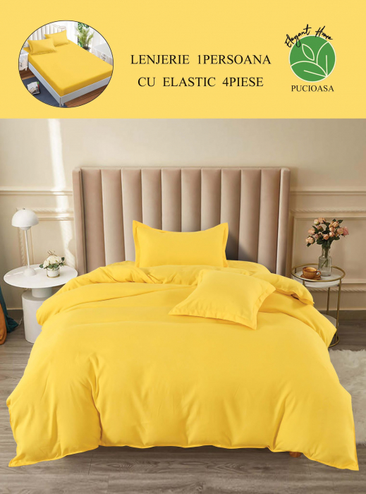 Lenjerie finet uni pentru pat simplu, 4 piese, cearsaf cu elastic, LFU0173-1E4 [3]