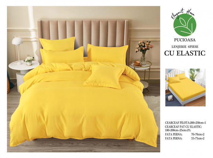 Lenjerie finet uni pentru pat dublu, 6 piese, cearsaf cu elastic, LFU0173-2E6 [3]