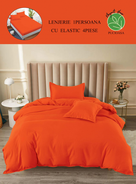 Lenjerie finet uni pentru pat simplu, 4 piese, cearsaf cu elastic, LFU0174-1E4 [3]